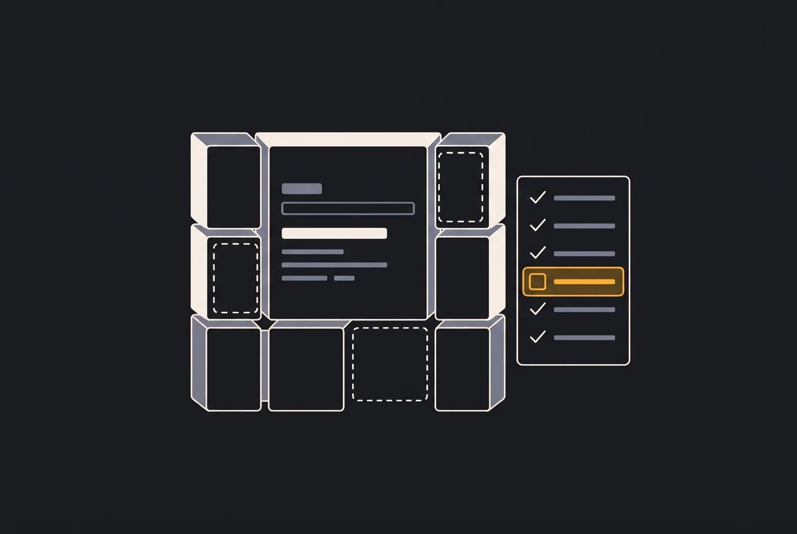 A janela de um aplicativo montada em blocos, com partes ainda tracejadas, ao lado de um checklist em andamento.